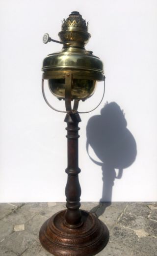 Antique Oak And Brass Centre Burner Kosmos Oil Lamp