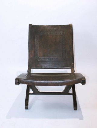 RARE VINTAGE 1970 ' MID CENTURY MODERN TOOLED LEATHER FOLDING LOUNGE CHAIR 2
