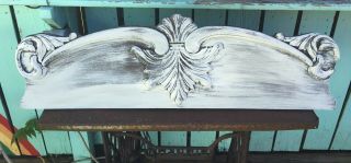 Architectural Salvage Oak Wood Carved Pediment Door Window Shabby White Paint