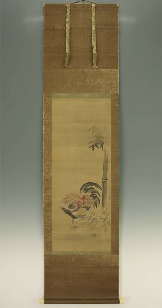 掛軸1967 Japanese Hanging Scroll : Kano Yasunobu " Bamboo And Chicken " @k499
