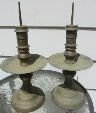 Rare Pair Large 17th Century Dutch East Indies Brass Pricket Candlesticks 14.  75 "