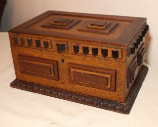 Quality Antique Detailed Handmade Carved Wood Studded Tramp Art Jewelry Box