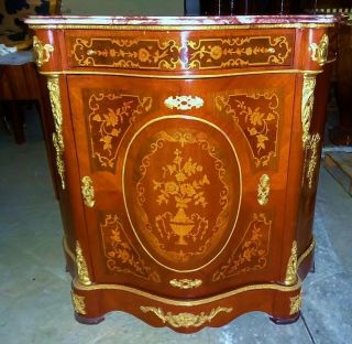Stunning Black Marble Top With Marquetry Louis Xv Style Commode Credenza