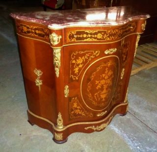 Stunning black Marble top with marquetry Louis XV style commode Credenza 6