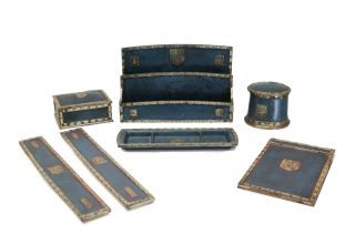 Tiffany & Co.  Studios 7pc Bronze Desk Set In Heraldic Blue,  Circa 1920