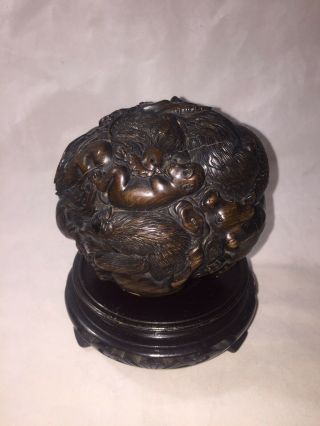 Vintage Chinese Carved Wood Zodiac Ball Signed.  With Stand