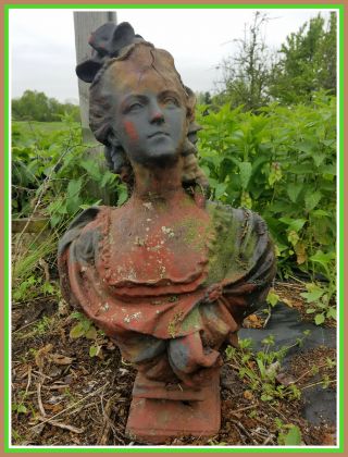 Lady Woman Bust W/ Ringlets Vintage Unearthed Cast Iron Garden Ornament Statue