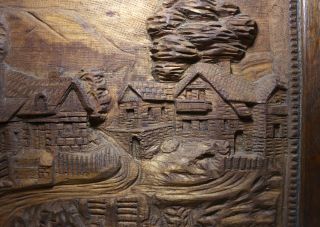 antique hand carved wood village scene wall relief art plaque sculpture Folk art 4