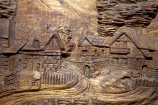 antique hand carved wood village scene wall relief art plaque sculpture Folk art 6