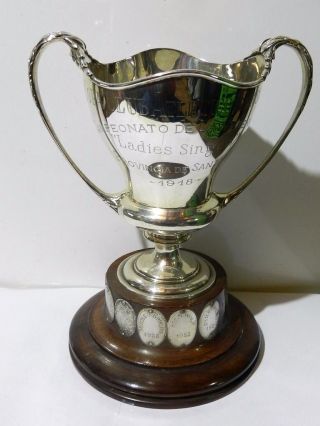 Antique 925 Sterling Silver Trophy Tennis Cup Ladies Singles 1918 W/ Wooden Base