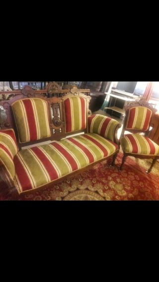 antique VICTORIAN SETTEE 3 PC PARLOR SET ornate mahogany green/gold fabric 2