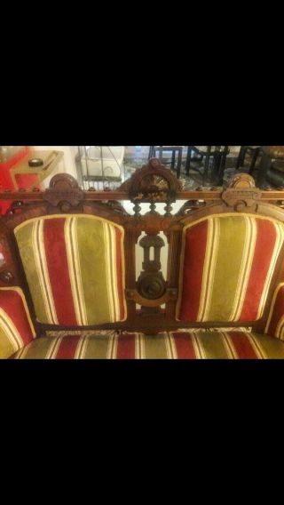 antique VICTORIAN SETTEE 3 PC PARLOR SET ornate mahogany green/gold fabric 4