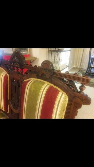 antique VICTORIAN SETTEE 3 PC PARLOR SET ornate mahogany green/gold fabric 6
