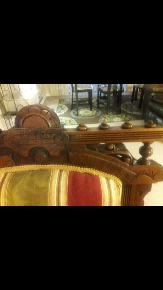 antique VICTORIAN SETTEE 3 PC PARLOR SET ornate mahogany green/gold fabric 7
