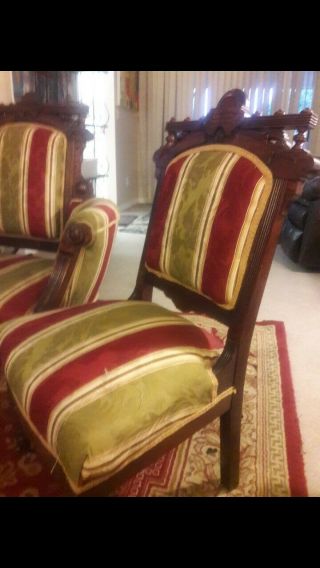 antique VICTORIAN SETTEE 3 PC PARLOR SET ornate mahogany green/gold fabric 8
