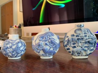 Group Of Three B & W Chinese Republic Period Porcelain Antique Snuff Bottles
