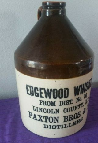 Antique Edgewood Whiskey Paxton Bros Stoneware Jug Lincoln Ky Dist 76 Pre Pro