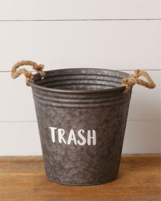 Country Distressed Tin Trash Bucket W/ Handles
