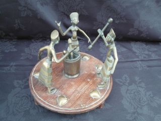 Antique Rare Female Fon Brass Figures With Mortars Dancing Round A.  Pot