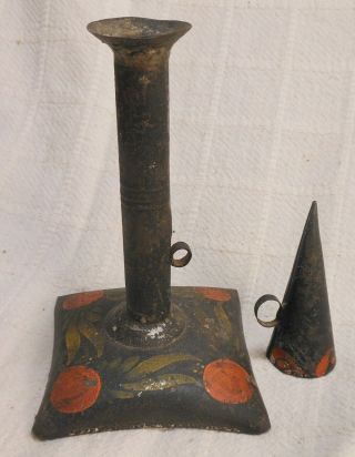 Very Rare Antique Tole Ware Decorated Tin Push - Up Candlestick,  Snuffer