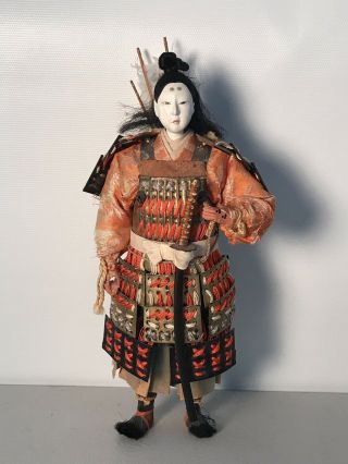 Antique Japanese Samurai Doll Painted Wood,  Silk & Fiber 9 " T X 4 - 3/8 " W