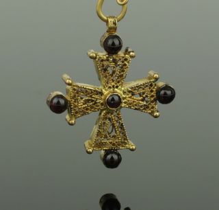 Lovely Ancient Byzantine Gold & Garnet Cross Circa - 9th Century Ad 032