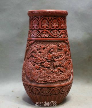 Old China Dynasty Qing Lacquerware Dragon Phoenix Flower Auspicious Bottle Vase