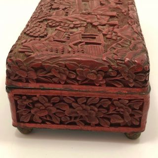 Antique Finely Carved Large Chinese Cinnabar Box With Blue Enameled Interior