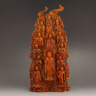 Vintage Chinese Boxwood Wood Statue - Siddhartha Buddha & Twelve Buddha