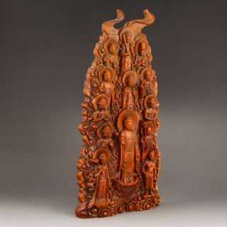 Vintage Chinese Boxwood Wood Statue - Siddhartha Buddha & Twelve Buddha 3
