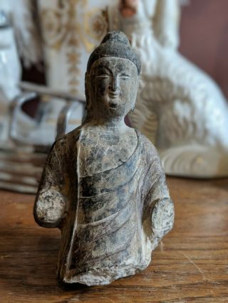 Antique Stone Carved Buddha Polychrome Statue From Temple Qing Dynasty Kwan Yin