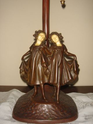 Antique Austrian Bronze Chunk Leaded Glass Signed P.  Tereszczuk Twin Sister Lamp