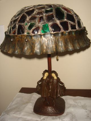 ANTIQUE AUSTRIAN BRONZE CHUNK LEADED GLASS SIGNED P.  TERESZCZUK TWIN SISTER LAMP 4