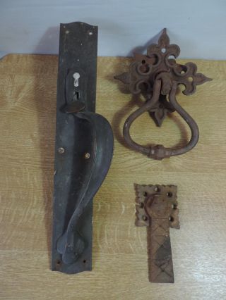 Antique Old Cast Iron Gothic Door Knocker / Keyhole Cover / Brass Handle