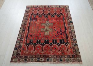 5.  74x4.  4ft.  Antique Hand - Knotted Persian Tribal Area Rug,  Red Vintage Boho Rug 6