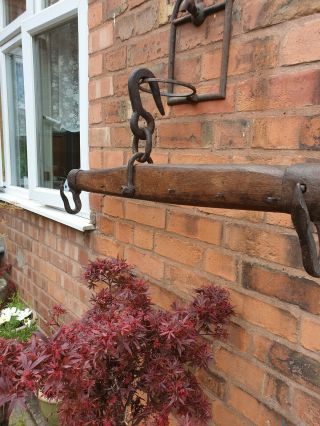 Vintage French Metal Wooden Industrial Water Bucket Yoke Coat Hook Hanging Rail