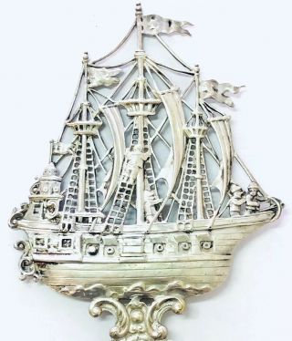Large Ornate Solid Sterling Silver Dutch Figural Fork Mast Tall Ship Detailed 2