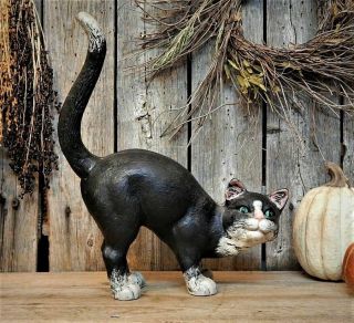Vintage Cast Iron Arched Black & White Barn Cat Door Stop Halloween