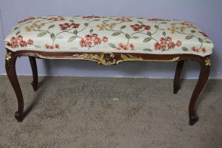 Antique French Louis Xv Walnut Hand Carved Spring Seat Bench Upholstery