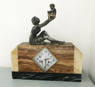 French 1930s Art Deco Marble Striking Mantel Clock W/ Spelter Girl & Child