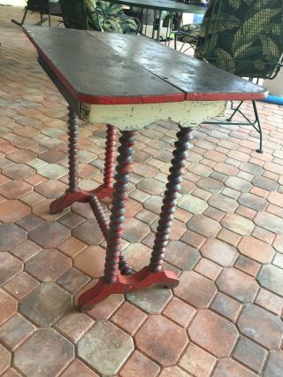 Antique Arts & Crafts / Folk Art Chippy Paint Turned Knobby Legs Table W/drawer