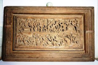 Vintage Wooden Miniature Hand Carving Wall Hanging Panel with Fine Subject India 2