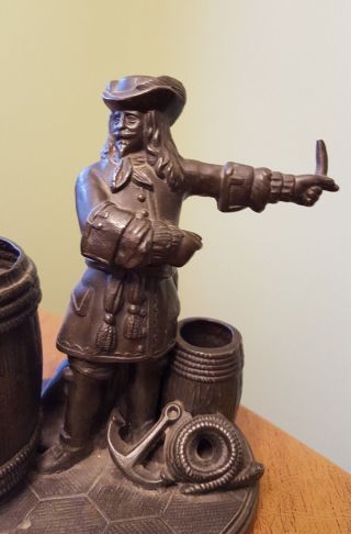 19C Austrian Bronze Cigar & Match Holder Blackbeard Pirate w/ Barrel & Anchor 2