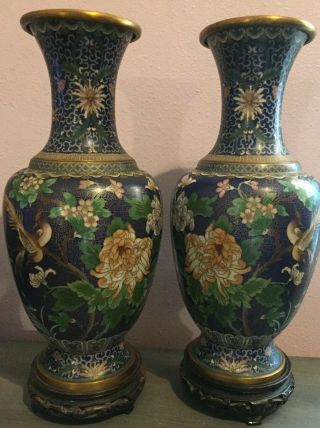 2 Antique Cloisonné Vases With Mirrored Flower & Birds