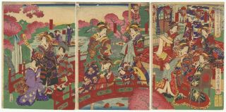 Japanese Woodblock Print,  March Cherry Blossoms,  Courtesans,  Beauty