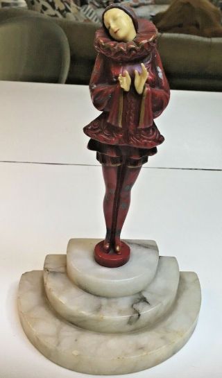Art Deco Antique Gerdago Girl Pixie Red Painted Sorceress Nymph On Marble Base
