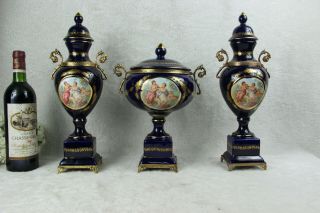 French Porcelain Set Sevres Blue Porcelain Victorian Romantic Scene Vases Bowl