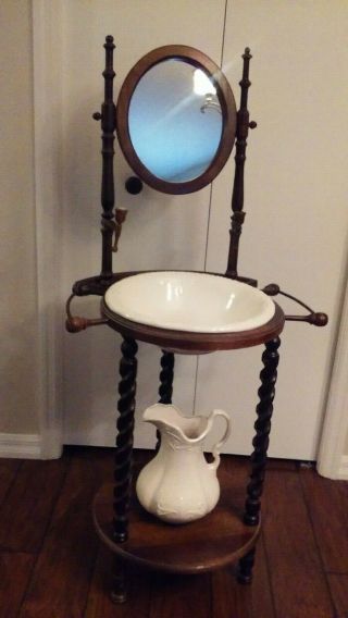 Antique Wooden Wash Stand Vintage Mirrored Basin Set W/ Pitcher & Bowl 53 "