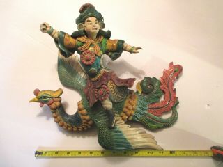 Antique 19th Cen Chinese Warrior Riding Phoenix Ceramic Roof Tile Signed