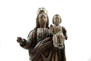 Antique 14th Oak Wood Carving Mary Lady Madonna With Crown & Jesus Carved Statue